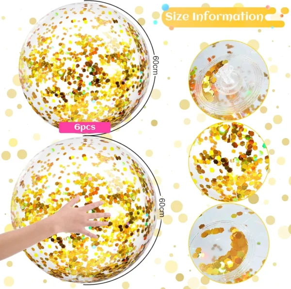 6-Pack Gold Glitter Beach Balls – 24'' Party & Pool Decor - Image 3